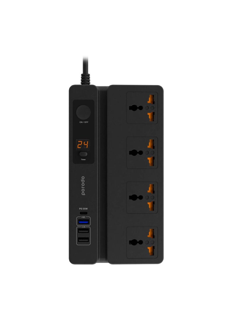 Multi-Function Socket With Phone Stand and Digital Timer 3M, Three USB-A Output Ports Fire-Proof Material Power Strip, 3000 Watts AC Output, Power Button & 24Hr Timer - Black