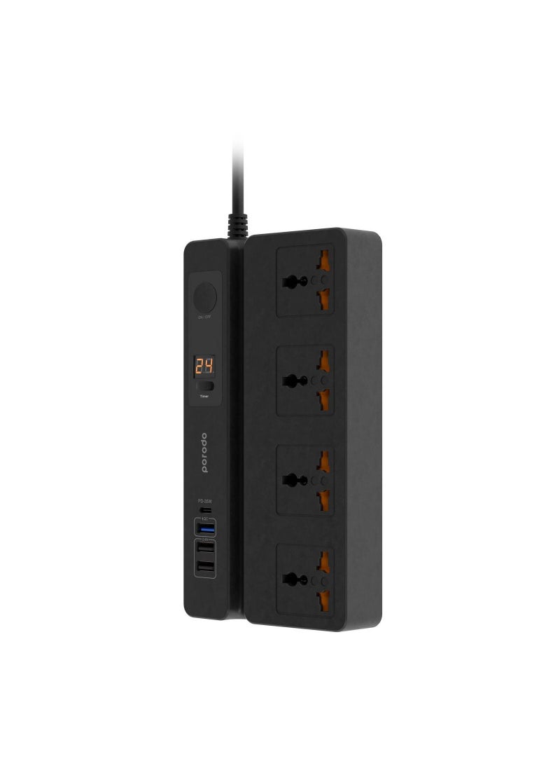 Multi-Function Socket With Phone Stand and Digital Timer 3M, Three USB-A Output Ports Fire-Proof Material Power Strip, 3000 Watts AC Output, Power Button & 24Hr Timer - Black