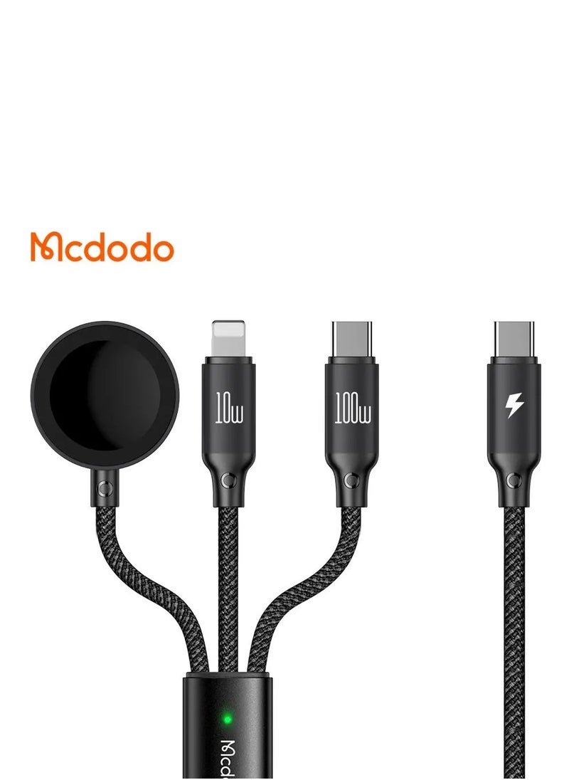 MCDODO CA-4940 1.2m USB-C To Type-C + IP + Wireless Charger For Apple Watch 3 In 1 Charging Cable Black