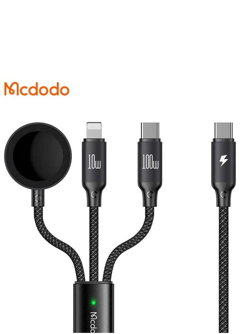 MCDODO CA-4940 1.2m USB-C To Type-C + IP + Wireless Charger For Apple Watch 3 In 1 Charging Cable Black