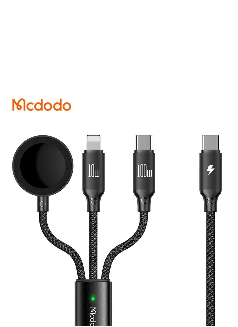 MCDODO CA-4940 1.2m USB-C To Type-C + IP + Wireless Charger For Apple Watch 3 In 1 Charging Cable Black