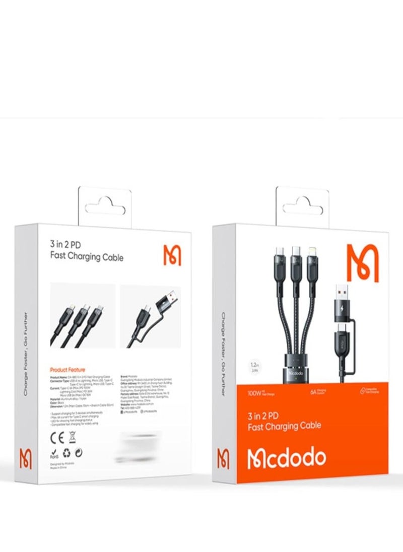 Mcdodo 2 In 3 Fast Charging 100w Power Drive PD Cable For Laptop Tablet Mobile 1.2m CA-8800
