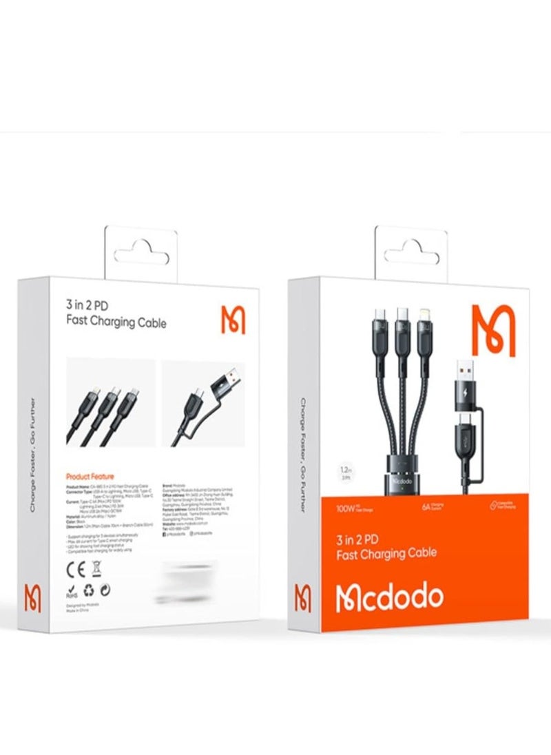 Mcdodo 2 In 3 Fast Charging 100w Power Drive PD Cable For Laptop Tablet Mobile 1.2m CA-8800