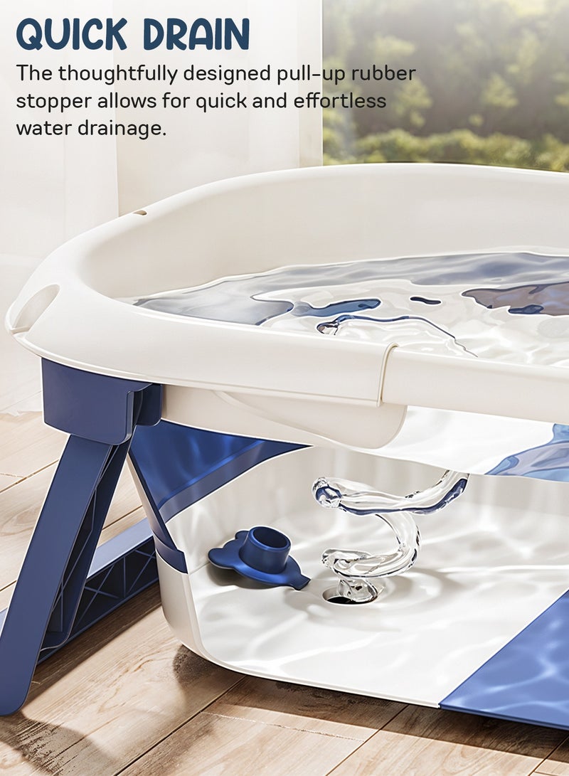 Collapsible Baby Bath Tub for Kids with Temperature Sensing Display Anti Slip Base Drainer Foldable Kids Bathtub for Baby 0 to 3 Years Navy Blue