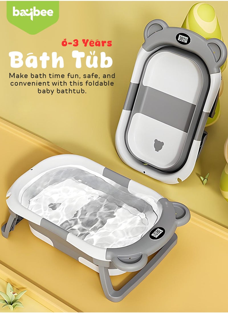 Collapsible Baby Bath Tub for Kids with Temperature Sensing Display Anti Slip Base Drainer Foldable Kids Bathtub for Baby 0 to 3 Years Grey