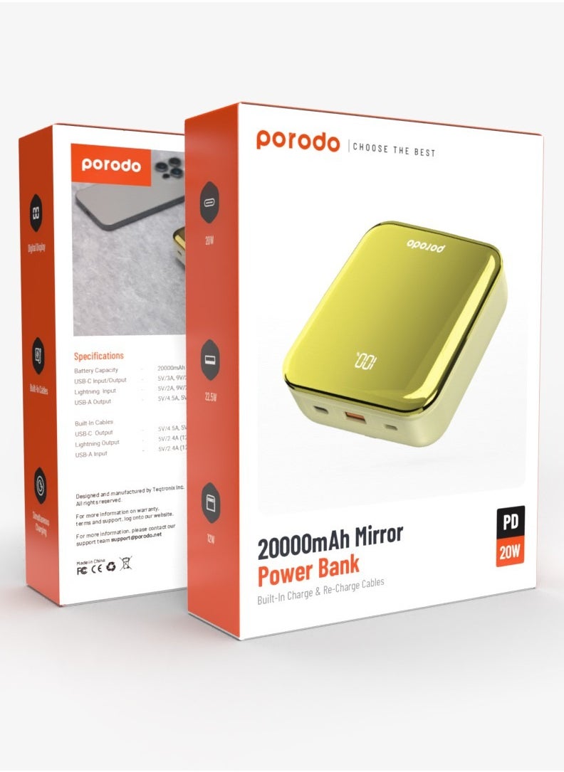 Compact Power Bank 20000mAh with Out Cable USB-A Type-C and Lightning - Gold