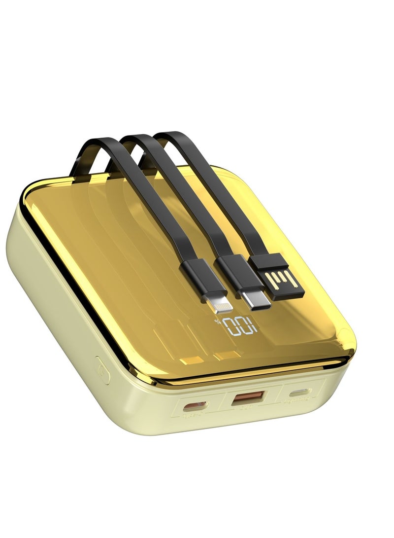 Compact Power Bank 20000mAh with Out Cable USB-A Type-C and Lightning - Gold