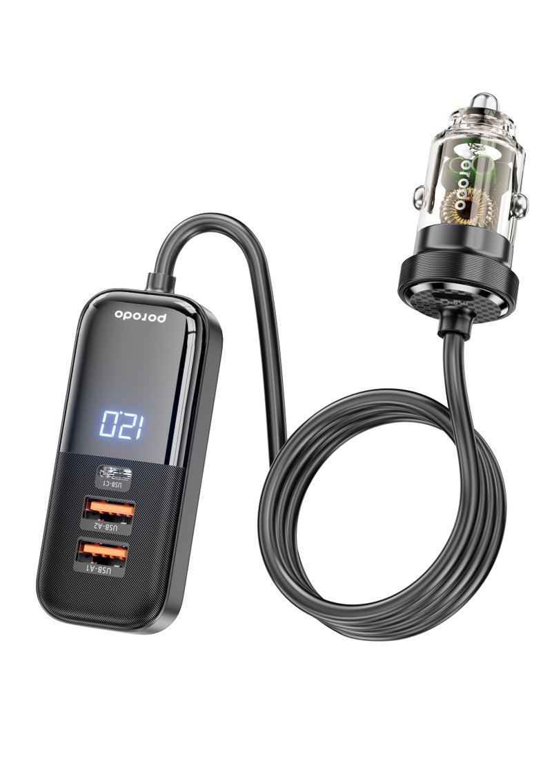 120W Transparent Multi Port Car Charger with Rear Expansion - Black