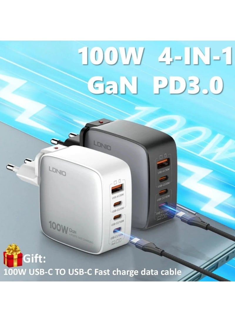 LDNIO Q408 100W GaN Charger PD Small Usb C Mutil Device Quick Charge EU US UK Plug Charger GaN with USB C  white