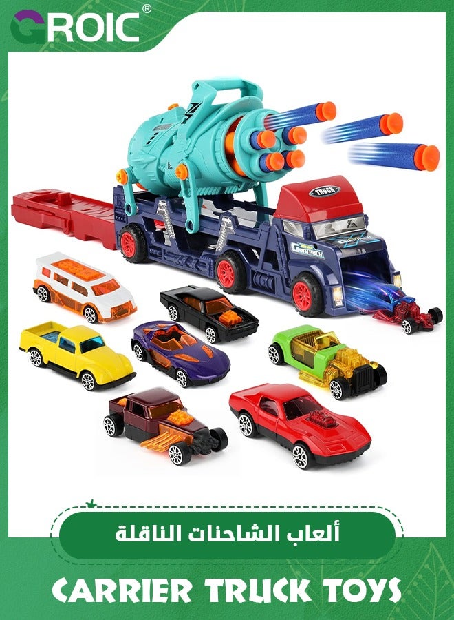 Car Carrier Truck Toys, Truck Launcher Toys, Soft Bullet Launcher Gun, 4 in 1 Transport Truck Carrier Launcher Toys with 8 Alloy Car, Lights & Sounds, Carrier Truck Toy Ideal Gift for Boys Girls