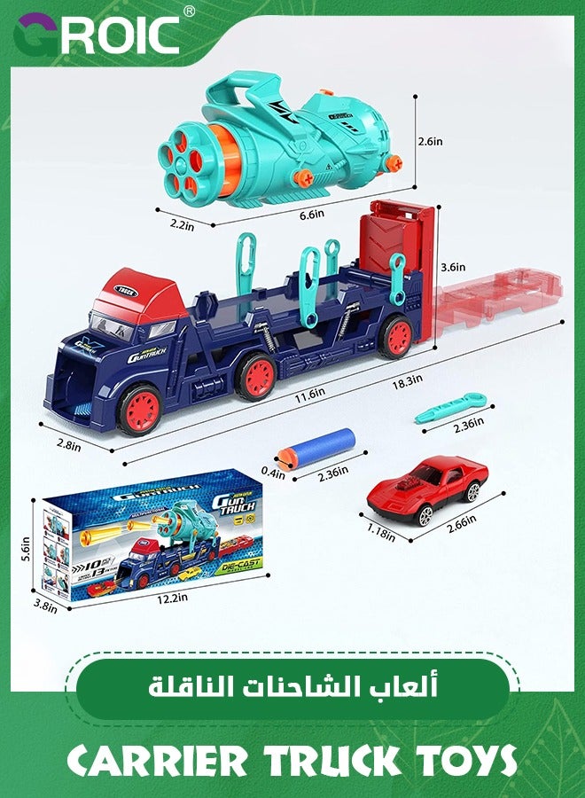 Car Carrier Truck Toys, Truck Launcher Toys, Soft Bullet Launcher Gun, 4 in 1 Transport Truck Carrier Launcher Toys with 8 Alloy Car, Lights & Sounds, Carrier Truck Toy Ideal Gift for Boys Girls