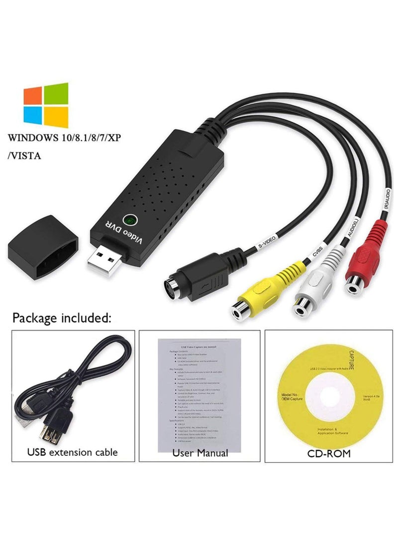 Video Capture Card USB 2.0 Audio Device Old VHS Mini DV Hi8 DVD VCR To Digital Converter for Mac PC Support Windows 2000/10/8/7/Vista/XP/Android