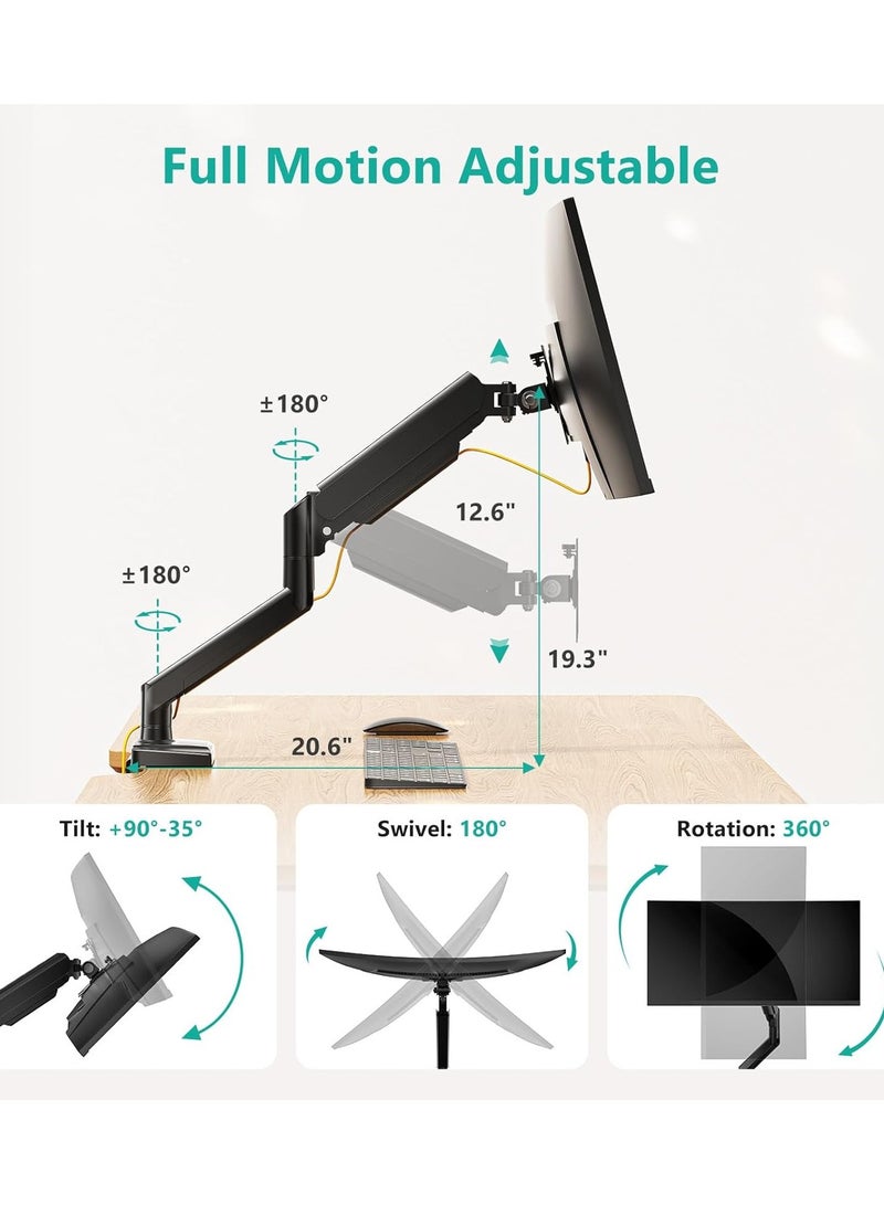 Single Monitor Mount, Gas Spring Monitor Arm for 17-34 inch Screens, Adjustable Computer Monitor Stand up to 26.4lbs, with Clamp and Grommet Base, Mounting Holes 75 and 100mm Black