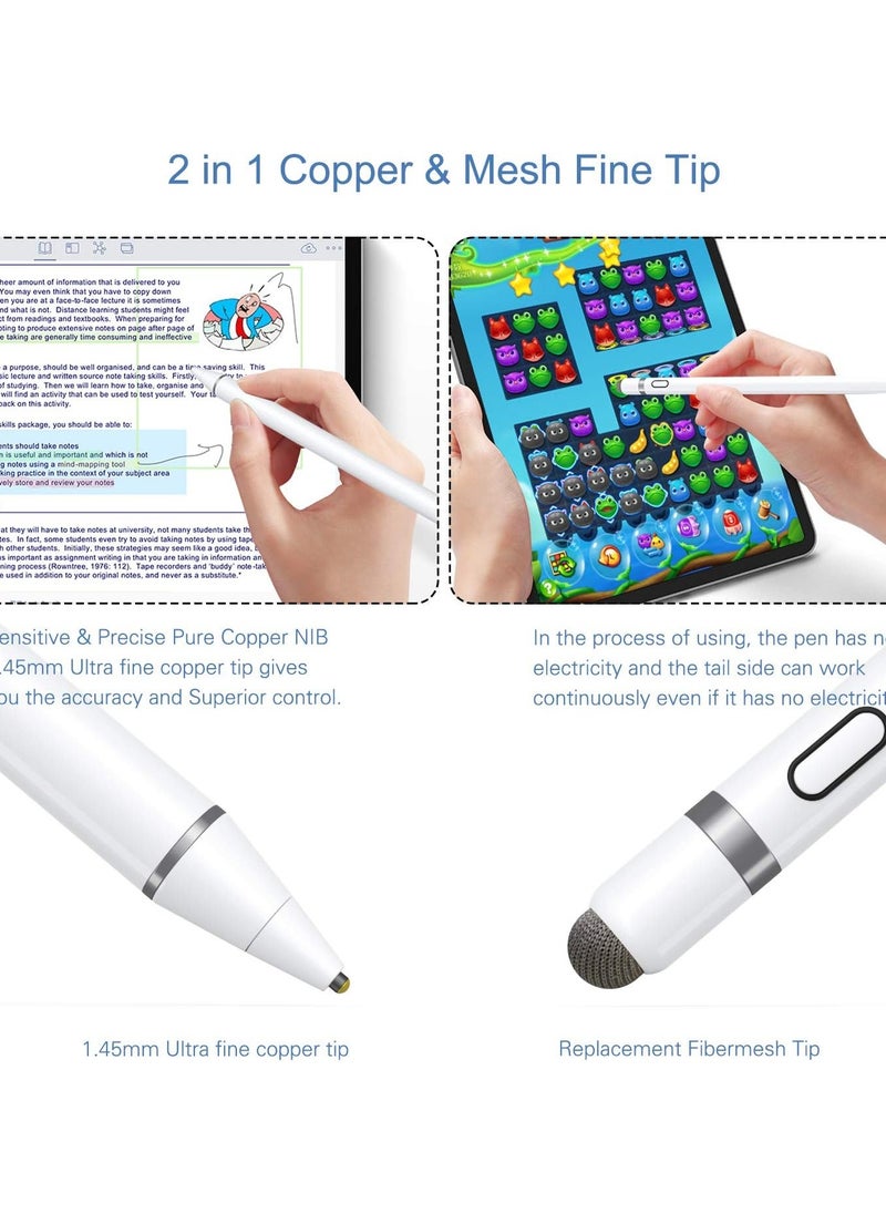 Active Stylus Pen White/Black 1.45mm fine Tip for iPad Apple iPhone Samsung Tablets, on iOS and Android Capacitive Touchscreen, Take-Note Hand-Written Draw no lags Skipping,Rechargeable,
