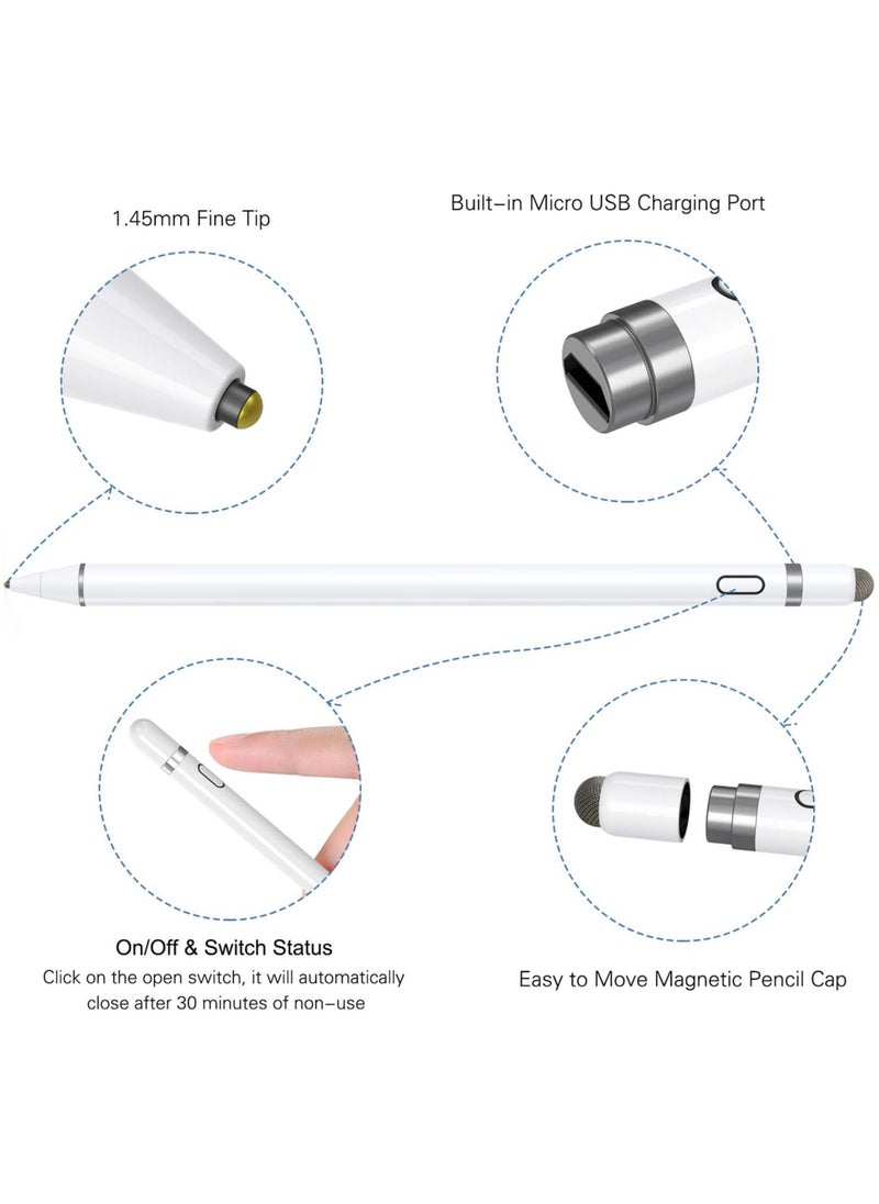 Active Stylus Pen White/Black 1.45mm fine Tip for iPad Apple iPhone Samsung Tablets, on iOS and Android Capacitive Touchscreen, Take-Note Hand-Written Draw no lags Skipping,Rechargeable,