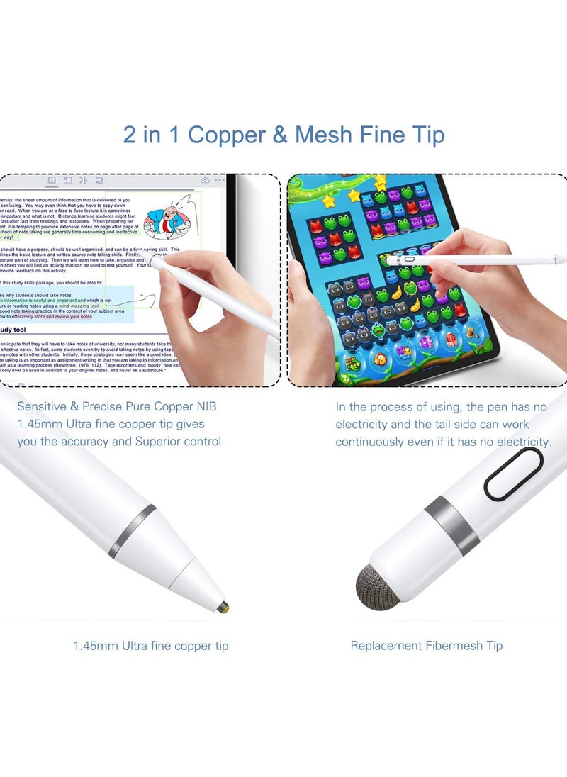 Active Stylus Pen White/Black 1.45mm fine Tip for iPad Apple iPhone Samsung Tablets, on iOS and Android Capacitive Touchscreen, Take-Note Hand-Written Draw no lags Skipping,Rechargeable,