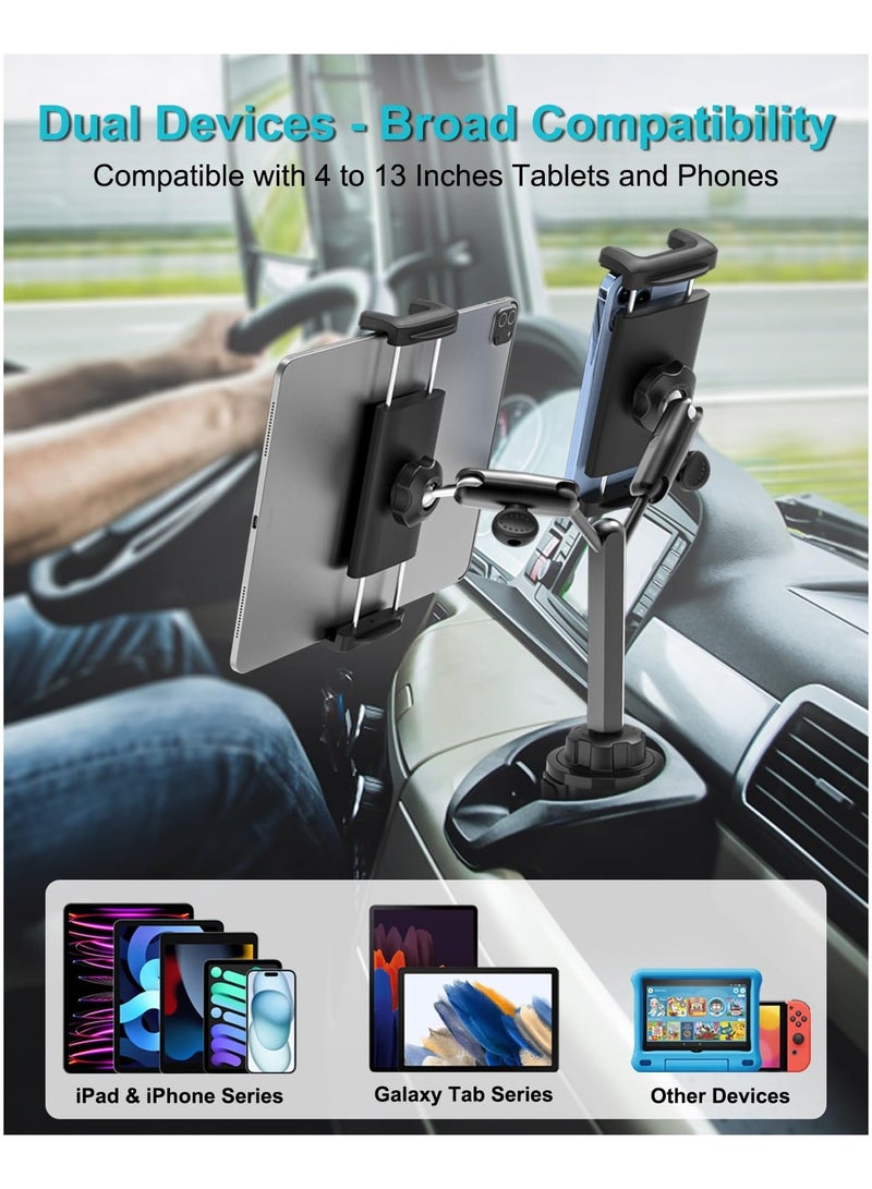 Tablet Holder for Car, Cup Holder Tablet Mount [Dual Metal Arms], 360° Car Cup Tablet Phone Holder Cradle for iPad Pro 13 12.9, iPad 10.9, iPad Air Mini, Galaxy Tab A9 S9, iPhone, 4-13