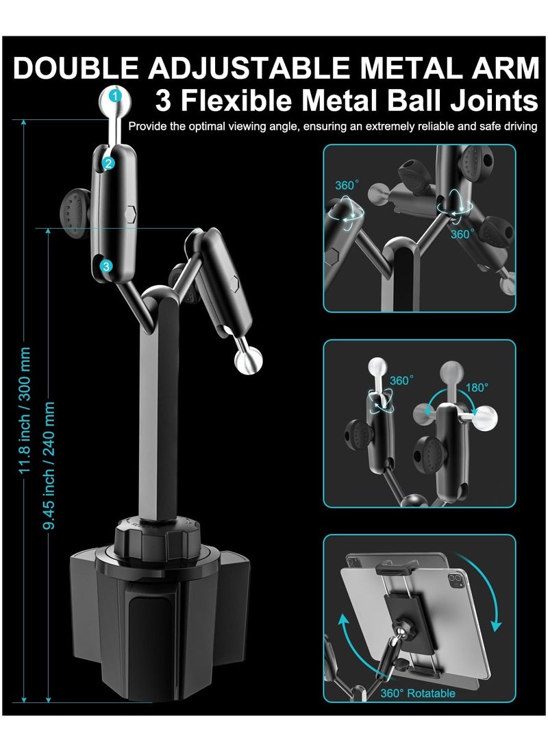 Tablet Holder for Car, Cup Holder Tablet Mount [Dual Metal Arms], 360° Car Cup Tablet Phone Holder Cradle for iPad Pro 13 12.9, iPad 10.9, iPad Air Mini, Galaxy Tab A9 S9, iPhone, 4-13