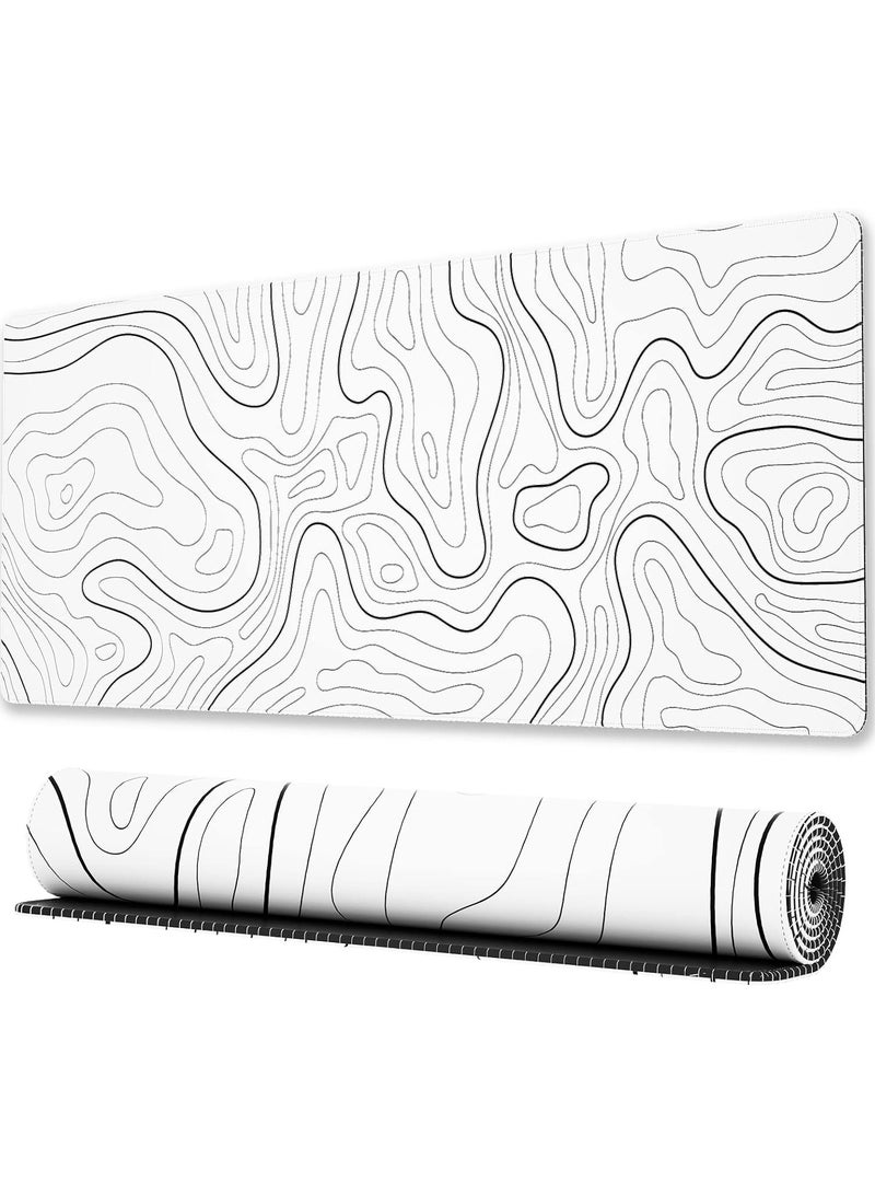 Large Gaming Mouse Pad with Stitched Edges, Minimalist Topographic Map Desk Mat, Extended XL Mousepad with Anti-Slip Base, Cool Desk Pad for Keyboard and Mouse, 31.5 x 11.8 in, White