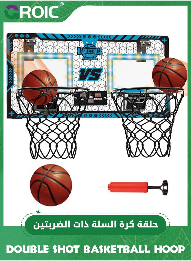 Double Shot Basketball Hoop - 2 Player Basketball Game Indoor Outdoor, Over The Door with LED Light, Electronic Scoreboard, 2 Balls - Wall Mount Toy Mini Basketball Hoops for Bedroom for Kids (Blue)