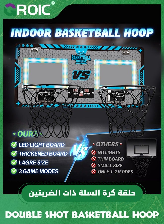 Double Shot Basketball Hoop - 2 Player Basketball Game Indoor Outdoor, Over The Door with LED Light, Electronic Scoreboard, 2 Balls - Wall Mount Toy Mini Basketball Hoops for Bedroom for Kids (Blue)