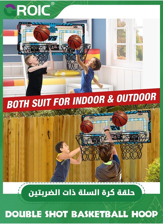 Double Shot Basketball Hoop - 2 Player Basketball Game Indoor Outdoor, Over The Door with LED Light, Electronic Scoreboard, 2 Balls - Wall Mount Toy Mini Basketball Hoops for Bedroom for Kids (Blue)