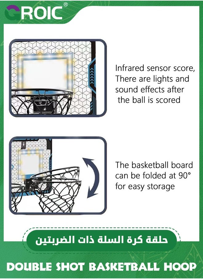 Double Shot Basketball Hoop - 2 Player Basketball Game Indoor Outdoor, Over The Door with LED Light, Electronic Scoreboard, 2 Balls - Wall Mount Toy Mini Basketball Hoops for Bedroom for Kids (Blue)