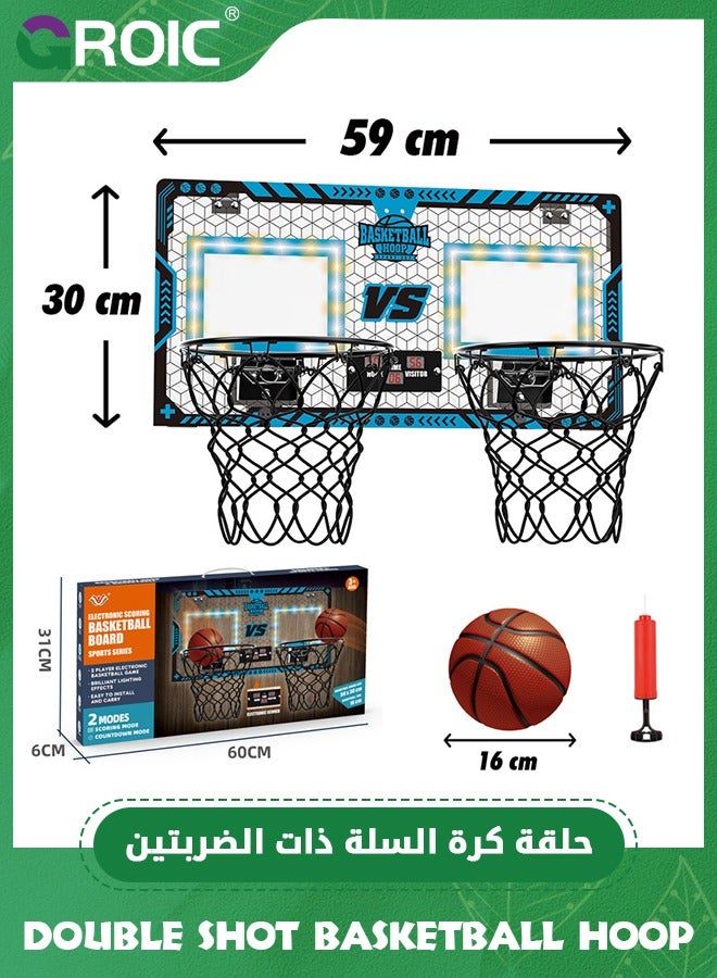 Double Shot Basketball Hoop - 2 Player Basketball Game Indoor Outdoor, Over The Door with LED Light, Electronic Scoreboard, 2 Balls - Wall Mount Toy Mini Basketball Hoops for Bedroom for Kids (Blue)