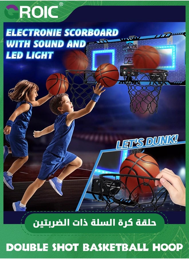 Double Shot Basketball Hoop - 2 Player Basketball Game Indoor Outdoor, Over The Door with LED Light, Electronic Scoreboard, 2 Balls - Wall Mount Toy Mini Basketball Hoops for Bedroom for Kids (Blue)