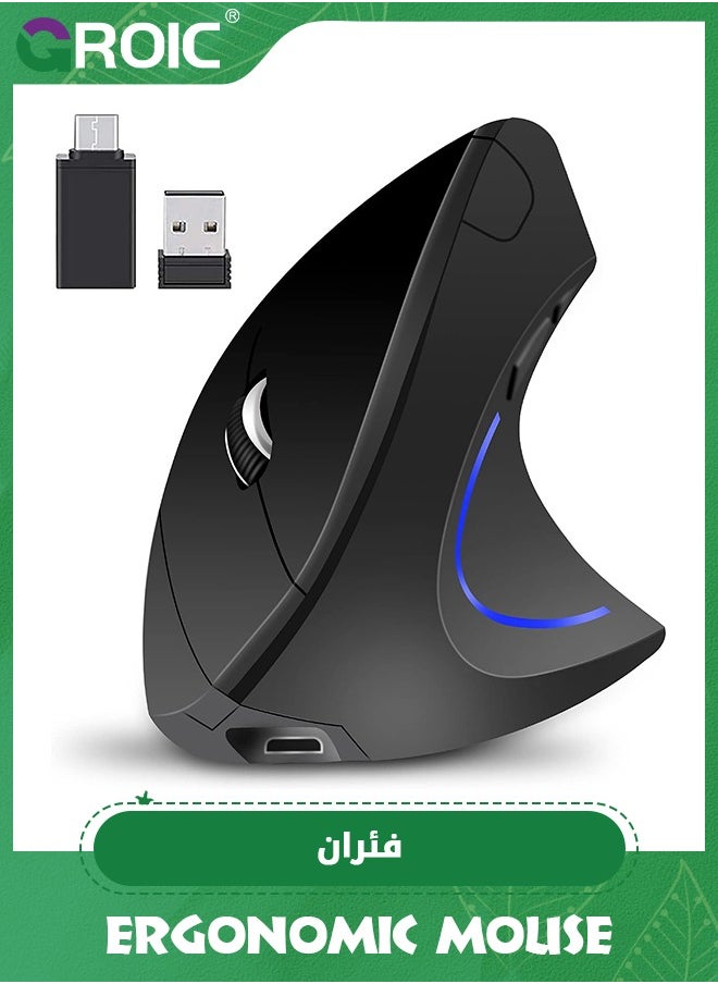 Wireless Bluetooth Mouse, Black Ergonomic Mouse, 2400 DPI Wireless Vertical Mouse with 3 Adjustable DPI Levels, 2.4GHz Optical Carpal Tunnel Mouse, 6 Buttons Wireless Mouse for Laptop, Desktop, PC, MacBook