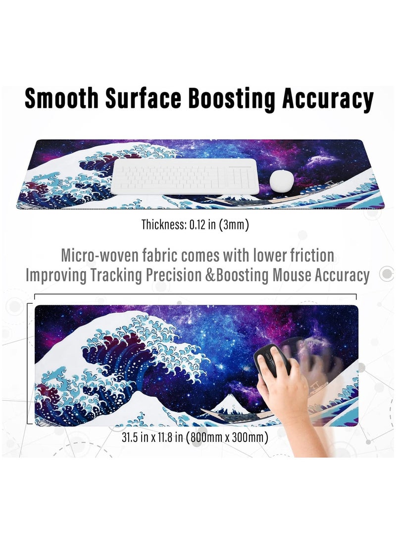 Large Gaming Mouse Pad with Stitched Edges, Japanese Great Wave Desk Mat, Extended XL Mousepad with Anti-Slip Base, Cool Anime Desk Pad for Keyboard and Mouse, 31.5 x 11.8 in, Blue