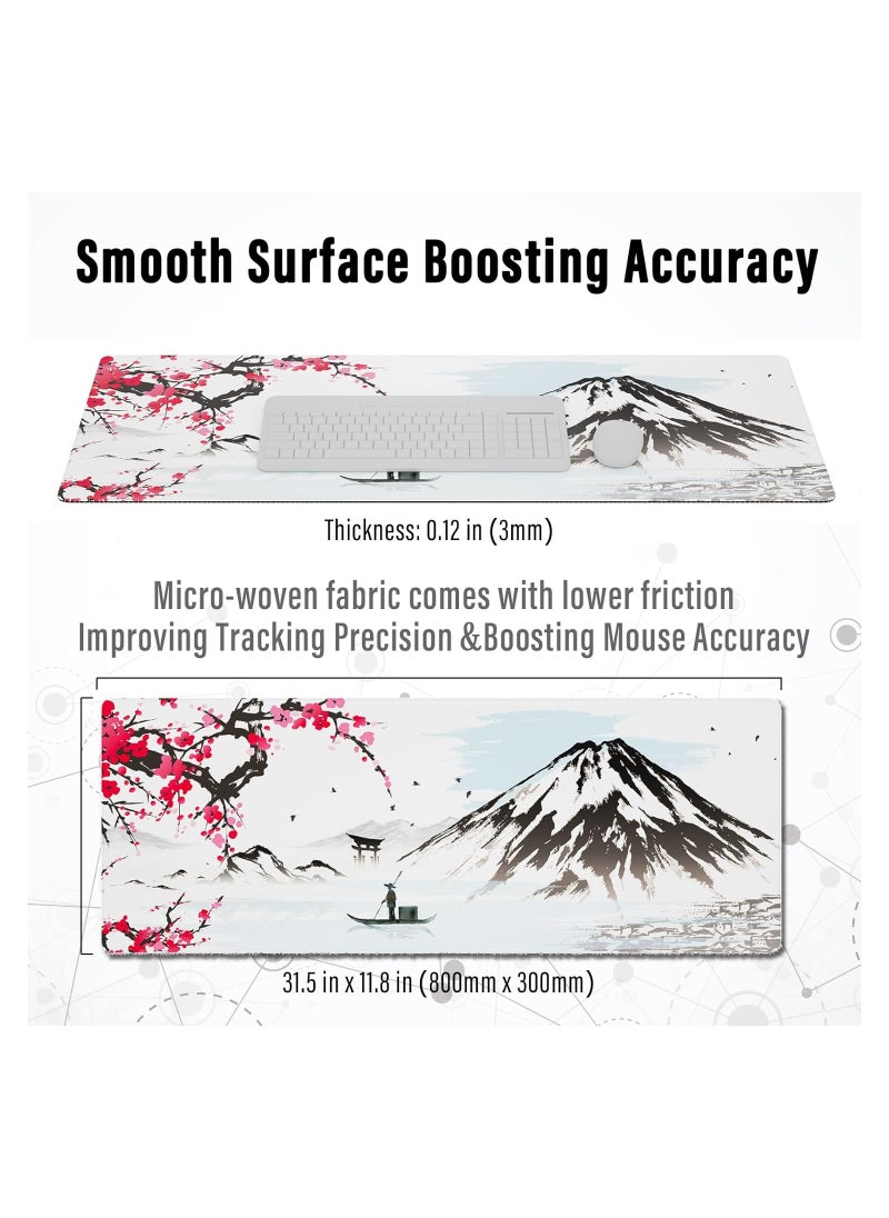 Japanese Mountains with Cherry Blossom Extended Gaming Computer Mouse Pad, Cute Anime Mouse Pad for Desk, Kawaii Desk Mat for Keyboard and Mouse, Black and White, 31.5 x 11.8 x 0.12 inches