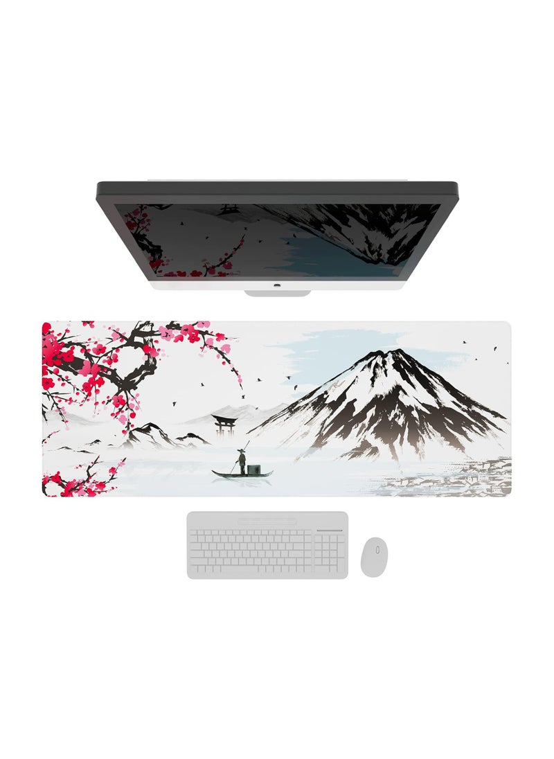 Japanese Mountains with Cherry Blossom Extended Gaming Computer Mouse Pad, Cute Anime Mouse Pad for Desk, Kawaii Desk Mat for Keyboard and Mouse, Black and White, 31.5 x 11.8 x 0.12 inches