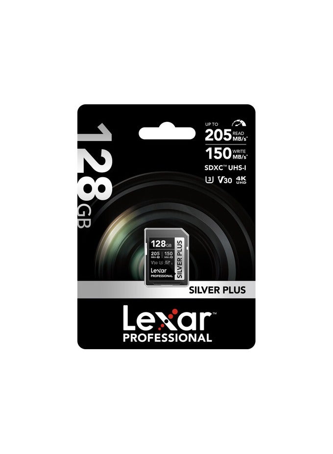 LEXAR PROFESSIONAL 128GB SILVER PLUS SDXC™ UHS-I CARDS, UP TO 205MB/S READ 150MB/S WRITE C10 V30 U3