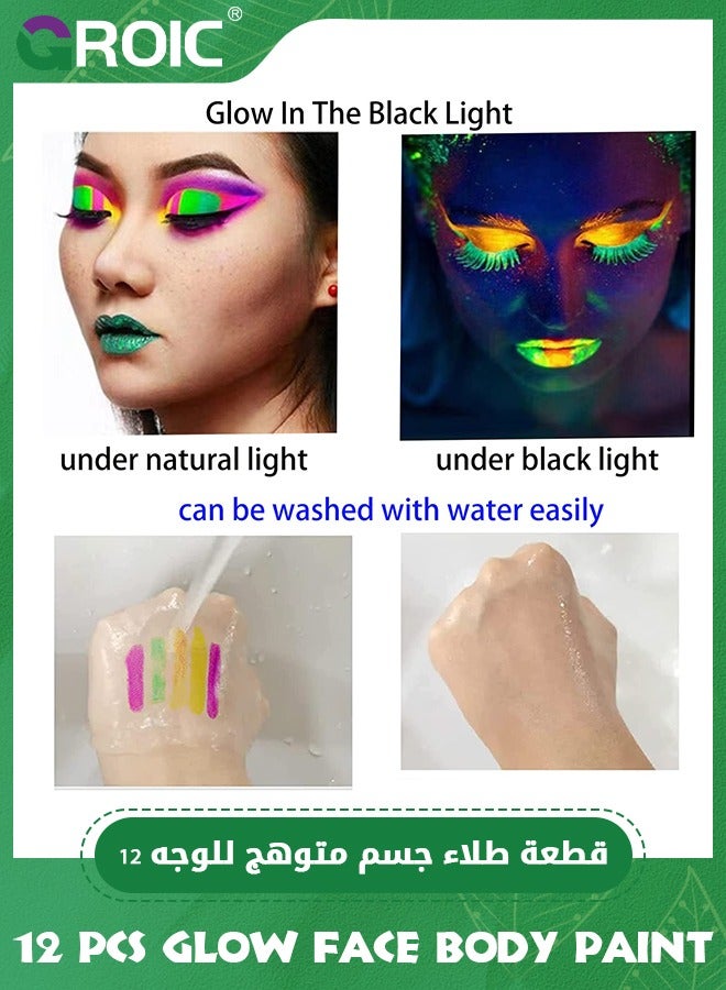 12 PCS Glow Face Body Paint, Glow In The Dark Under UV Black Light Sticks Makeup Neon Face Painting Kits,Party Neon Glow Party Supplies,Cosplay Supplies