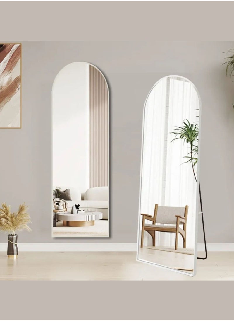 Full Length Body Dressing Mirror, Aluminum Alloy Standing Thin Frame Bedroom Mirror, Wall Mounted Door Hanging Arched Living Room Mirror, Size 150x40cm White Color Frame