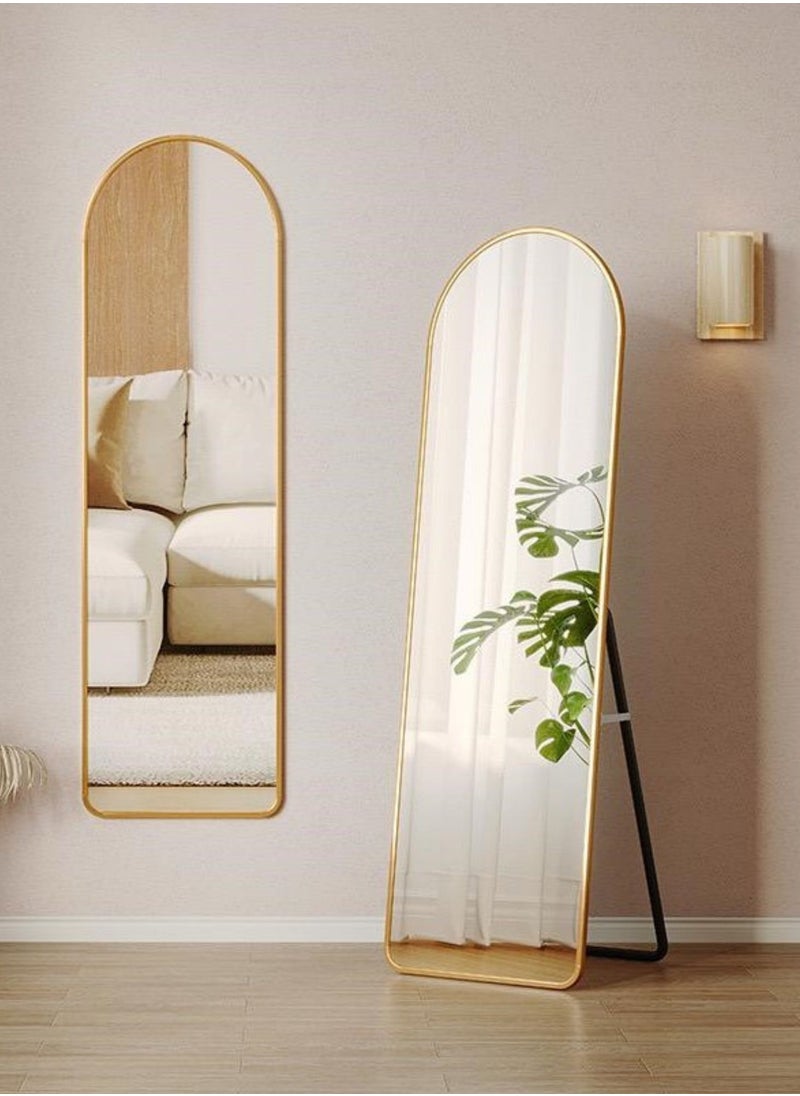 Full Length Body Dressing Mirror, Aluminum Alloy Standing Thin Frame Bedroom Mirror, Wall Mounted Door Hanging Arched Living Room Mirror, Size 150x40cm Gold Color Frame