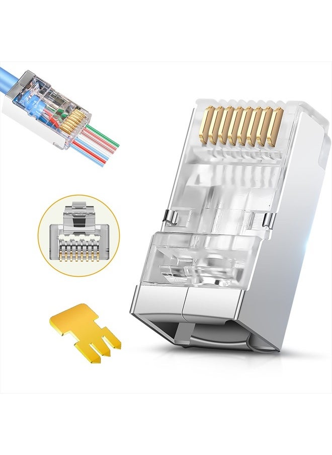 Shielded RJ45 Cat6 Cat 6A Connectors - Pass Through Connector Gold Plated 3 Prong 8P8C Modular Plugs for FTP/STP Stranded Ethernet Cable & Solid Wire - 50 Pcs/Jar