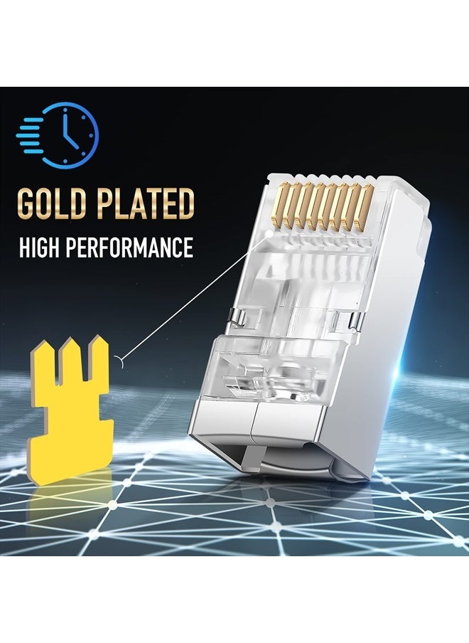 Shielded RJ45 Cat6 Cat 6A Connectors - Pass Through Connector Gold Plated 3 Prong 8P8C Modular Plugs for FTP/STP Stranded Ethernet Cable & Solid Wire - 50 Pcs/Jar