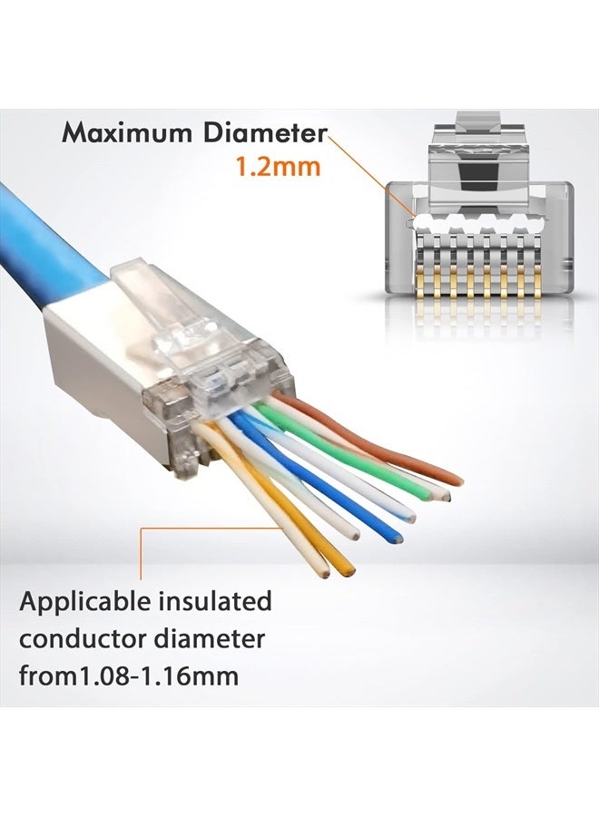 Shielded RJ45 Cat6 Cat 6A Connectors - Pass Through Connector Gold Plated 3 Prong 8P8C Modular Plugs for FTP/STP Stranded Ethernet Cable & Solid Wire - 50 Pcs/Jar