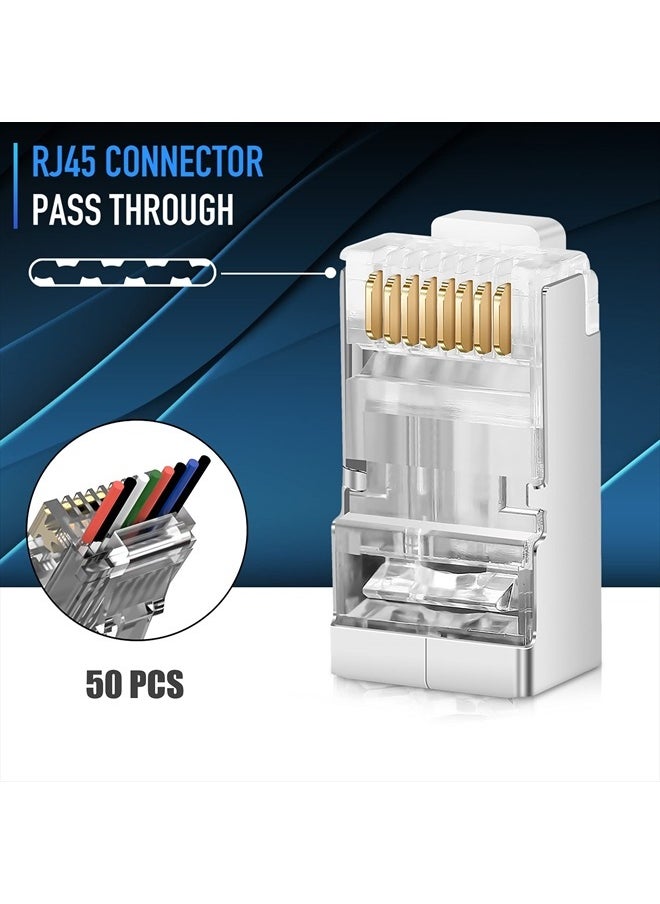 Shielded RJ45 Cat6 Cat 6A Connectors - Pass Through Connector Gold Plated 3 Prong 8P8C Modular Plugs for FTP/STP Stranded Ethernet Cable & Solid Wire - 50 Pcs/Jar