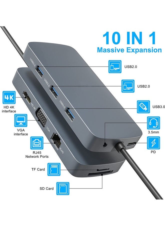 10-In-1 Fast Charging USB HUB Type C To 4K HDMI Docking Station Grey