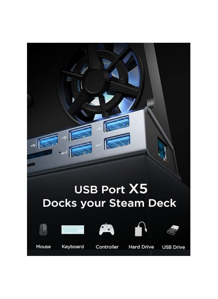 10-in-1 Docking Station for Steam Deck OLED&ROG Ally&Legion Go, Dual Cooling Fan 5 USB Ports and 4K@60Hz, 100W Charging Port Support ROG Ally 30W Mode, Gigabit Ethernet Fit for Steam Deck OLED