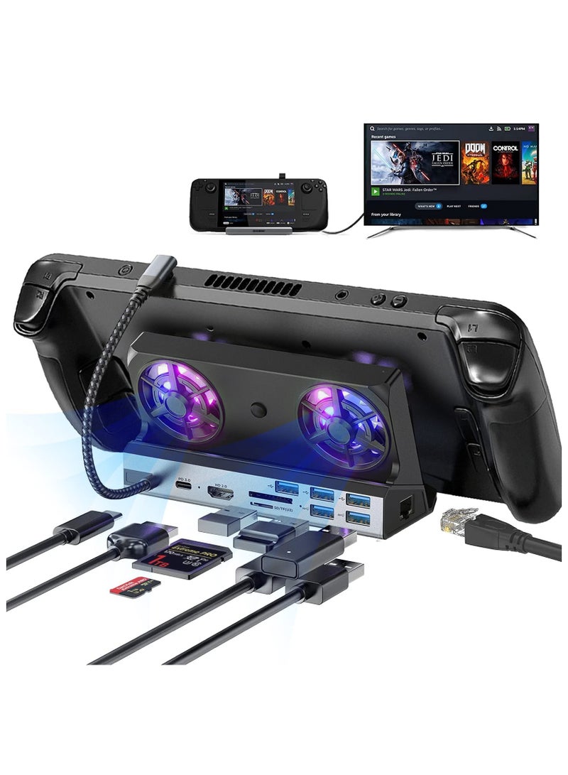 10-in-1 Docking Station for Steam Deck OLED&ROG Ally&Legion Go, Dual Cooling Fan 5 USB Ports and 4K@60Hz, 100W Charging Port Support ROG Ally 30W Mode, Gigabit Ethernet Fit for Steam Deck OLED