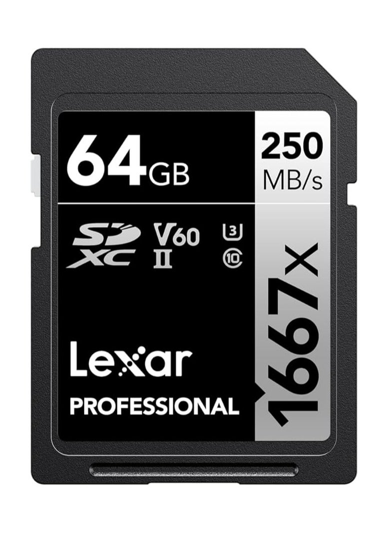 Lexar Professional 1667x 64GB SDXC UHS-II Card, Up To 250MB/s Read, for Professional Photographer, Videographer, Enthusiast