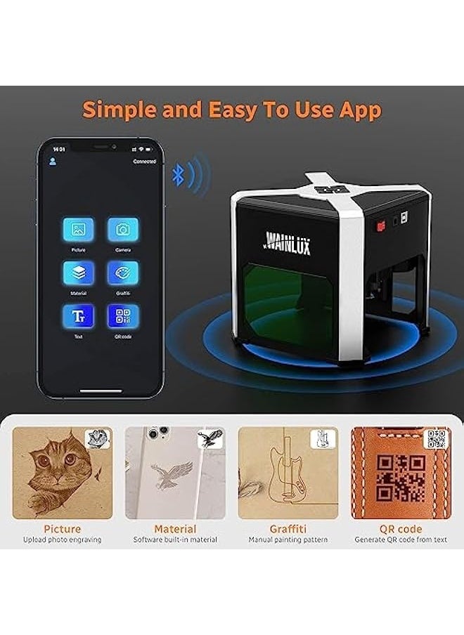 WAINLUX K6 Mini Laser Engraving Machine with 0.05mm Accuracy, 3W Laser Power, Wireless BT App Control, Offline Engraving, Laser Cutter Engraver Tool for Wood Vinyl Leather Glass, DIY Art, Logo Design