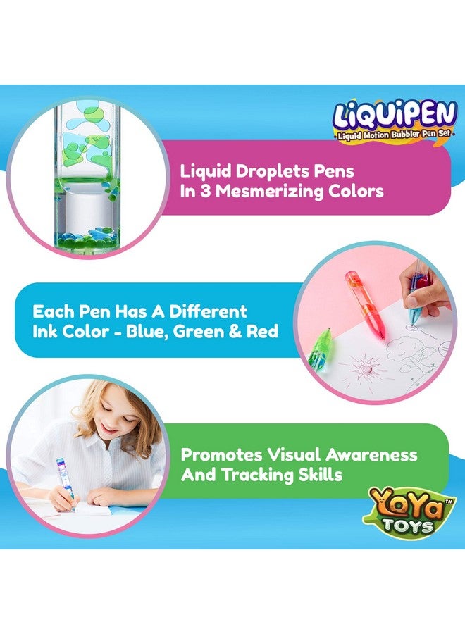 Yoya Liquipen - Liquid Motion Bubbler Pens Toy (3 Pack) - Writes Like A Regular Pen - Colorful Timer Pens Great For Stress And Anxiety Relief - Cool Fidget Toys For Kids And Adults