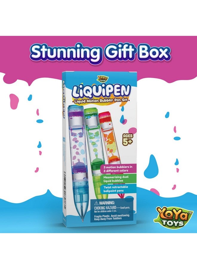 Yoya Liquipen - Liquid Motion Bubbler Pens Toy (3 Pack) - Writes Like A Regular Pen - Colorful Timer Pens Great For Stress And Anxiety Relief - Cool Fidget Toys For Kids And Adults