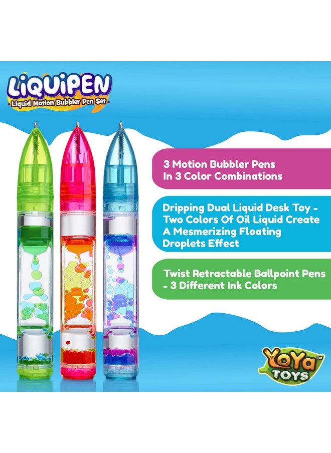 Yoya Liquipen - Liquid Motion Bubbler Pens Toy (3 Pack) - Writes Like A Regular Pen - Colorful Timer Pens Great For Stress And Anxiety Relief - Cool Fidget Toys For Kids And Adults