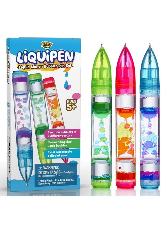 Yoya Liquipen - Liquid Motion Bubbler Pens Toy (3 Pack) - Writes Like A Regular Pen - Colorful Timer Pens Great For Stress And Anxiety Relief - Cool Fidget Toys For Kids And Adults